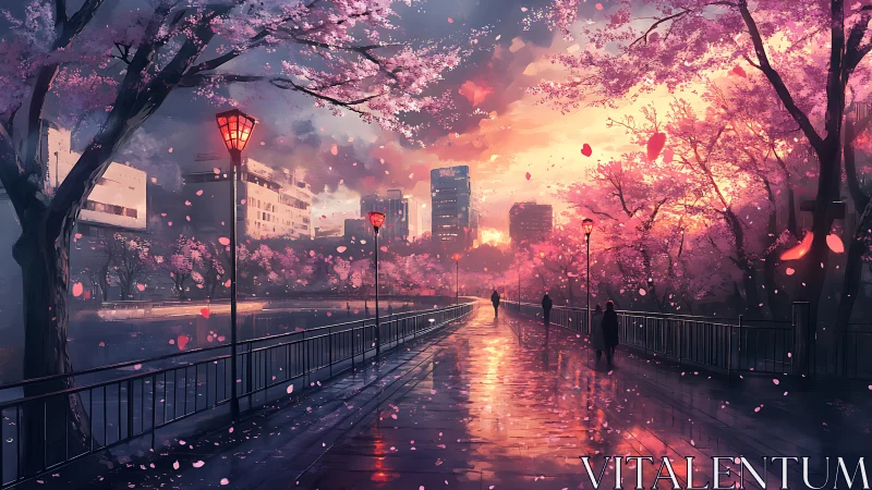Twilight cherry blossom promenade glowing with city whispers.