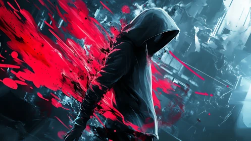 Hooded figure strides through red energy burst in alley