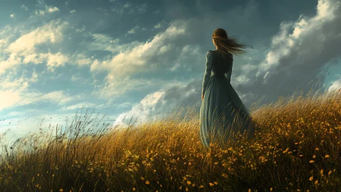 Quiet wanderer gazes across golden field beneath soft sky