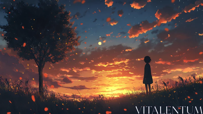 Backlit silhouette observing stratified sunset cloud field.