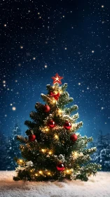 Snowy outdoor Christmas tree with lights and red ornaments.