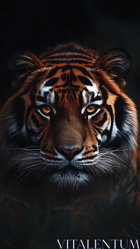 Intense close-up portrait of tiger staring into camera.