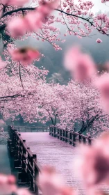 Misty wooden bridge under blooming cherry blossoms at dawn.