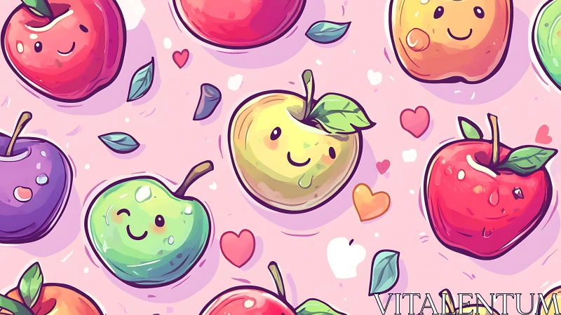 Cartoon fruit pattern with stylized apples on pink background.
