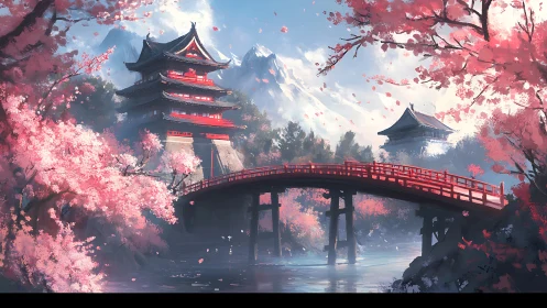 Cherry blossom bridge framing tranquil mountain temples.