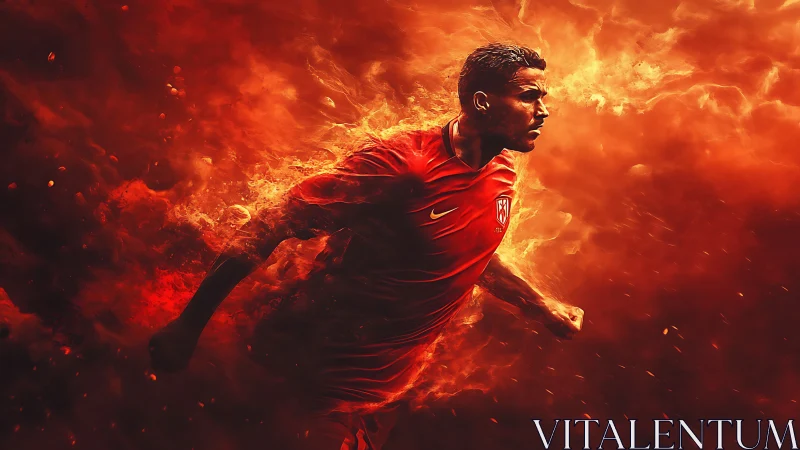 Soccer player in red kit runs through blazing fiery background