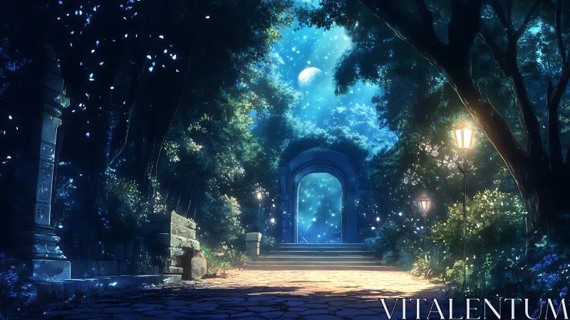 Moonlit forest gateway opening onto a starlit realm.