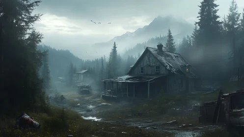 Fog-drenched derelict homestead in montane conifer valley.