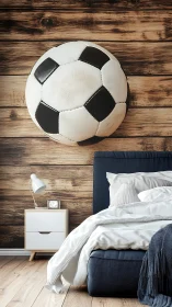 Oversized soccer dream hovers above a cozy modern bedscape