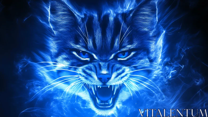 Fierce blue energy cat roars with glowing electric power