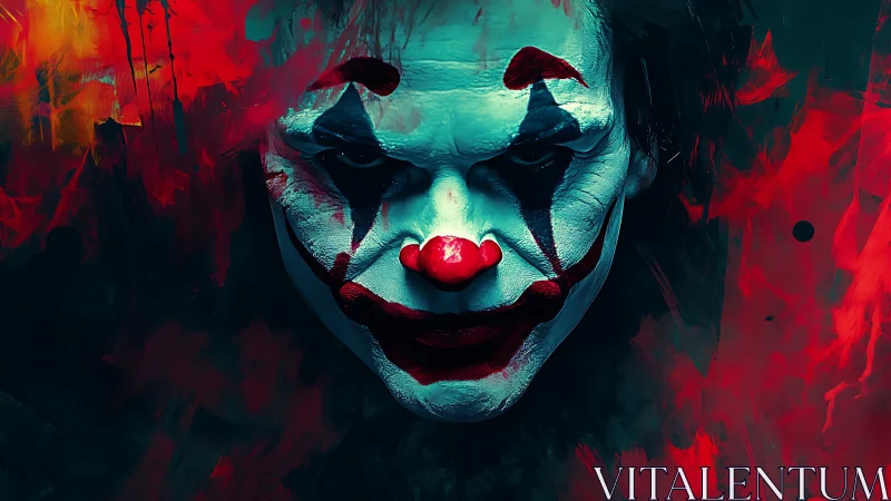 Clown face close-up with abstract red and teal background.