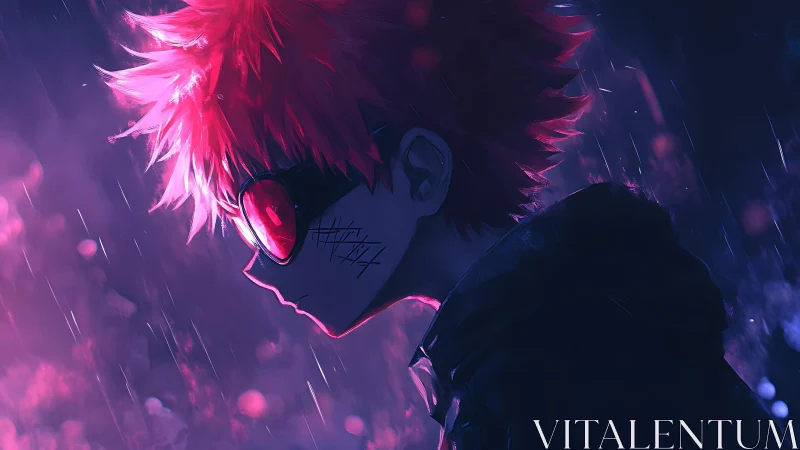Backlit anime profile with neon rim lighting and rain atmosphere