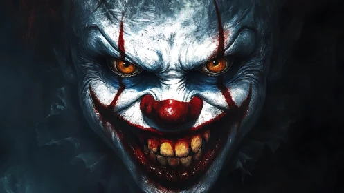 Menacing horror clown portrait with intense orange eyes.