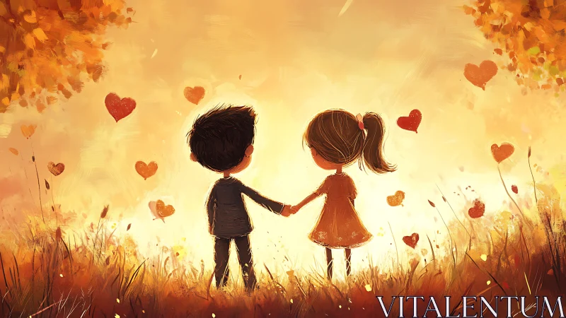Two Children Holding Hands in Golden Autumn Field.