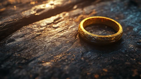 Gold ring rests on textured rock surface under warm light