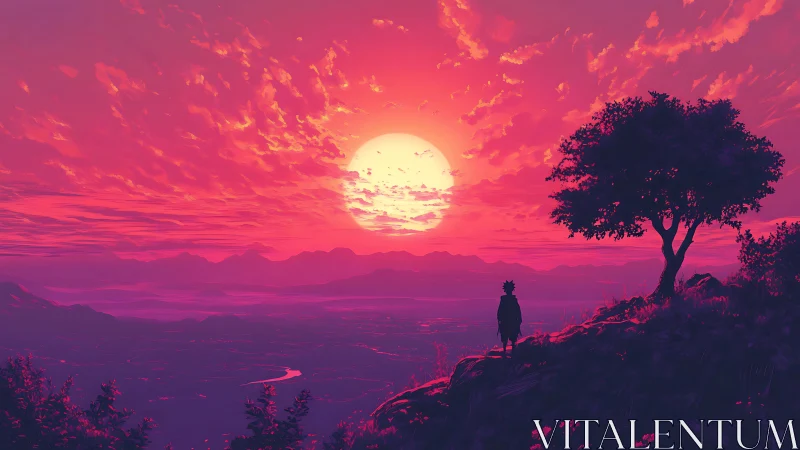 Solitary figure observes vivid red sunset over distant valley