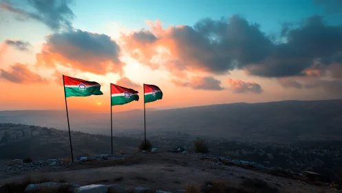 Triad of hilltop flags under vivid mountain sunset.