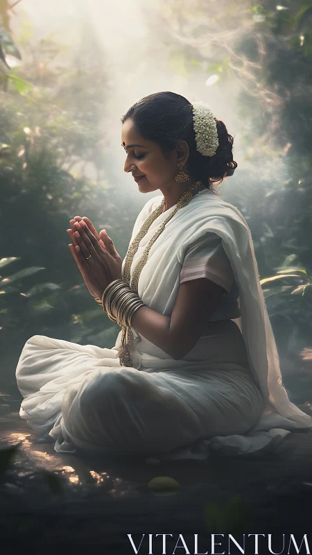 Meditative woman in white sari under soft forest light.