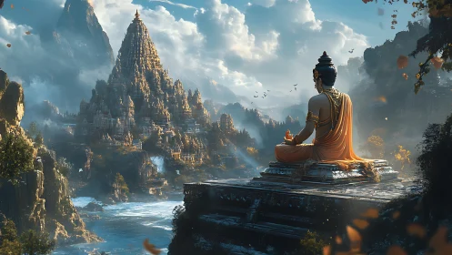 Meditating guardian watching over a misty mountain temple realm.