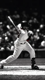 Monochrome baseball batter mid-swing with selective red accents