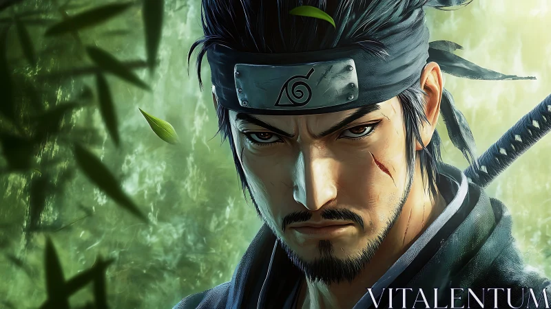 Leaf-scarred shinobi broods in emerald bamboo hush.