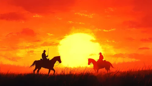 Cowboy silhouettes on horseback against bold sunset sky.