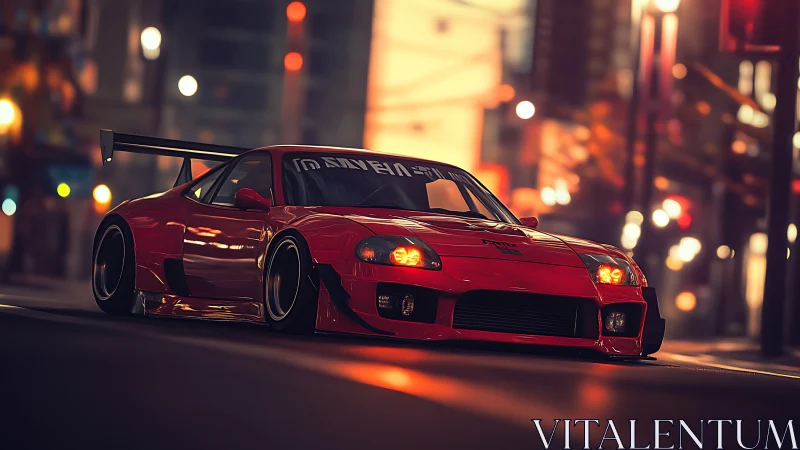 Photorealistic red tuner car in cinematic night streetscape.