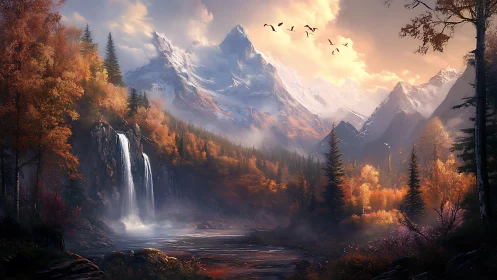 Majestic autumn valley beneath glowing snowcapped peaks.