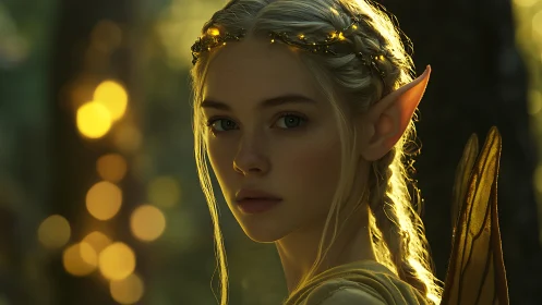 Elven figure with braided hair and wings in forest light.