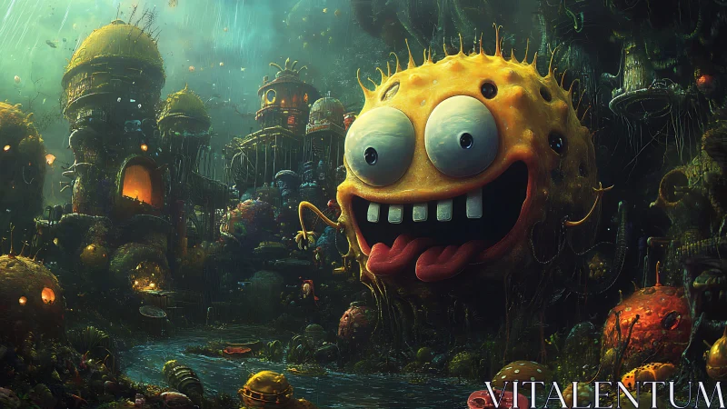 Grinning mutant sponge floats above a neon swamp cityscape