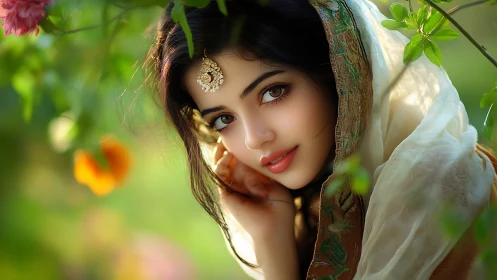 Elegant woman in traditional attire with floral background, soft focus.