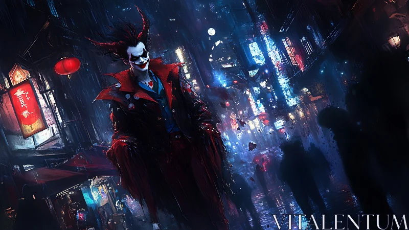 Demonic clown stalks neon city street under rainy night.