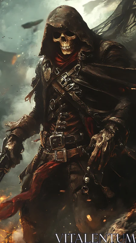 Hooded skeletal gunslinger strides through a burning battlefield