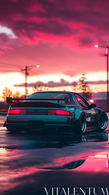 Modified sports coupe is parked on wet asphalt at dusk