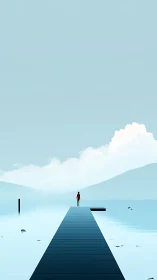 Solitary figure on minimalist lakeside pier under pale sky