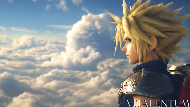Profile render of spiky-haired warrior over luminous cloudscape