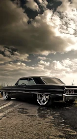 Lowrider coupe under stormy sky with chrome reflections.