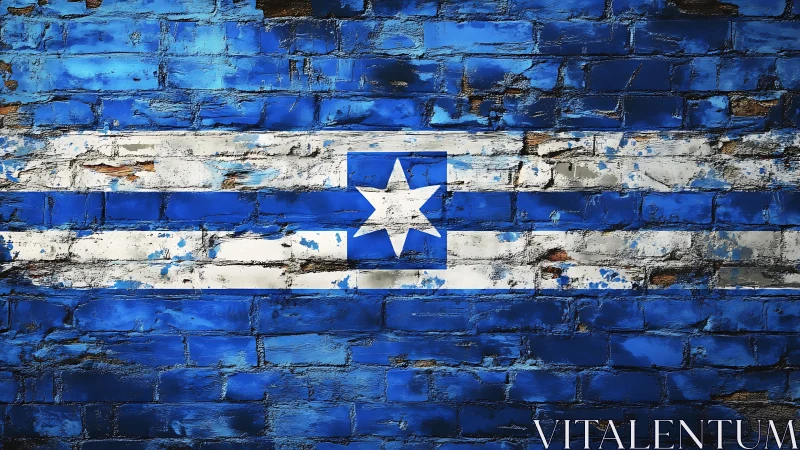 Weathered blue flag mural on distressed brick wall surface.