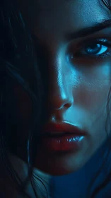 Close cropped female face in blue low key lighting, wet skin.