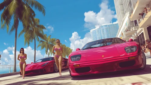 Sunlit supercars and beachside strut on a playful boulevard.