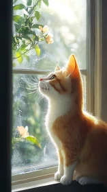 Orange and white tabby gazes at blooming flowers through rain-kissed window.