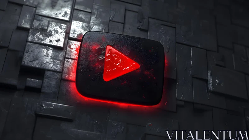 3D YouTube Play Button Icon with Neon Red Glow on Dark Tiles.