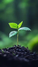 Young green seedling rises sharply from dark fertile soil