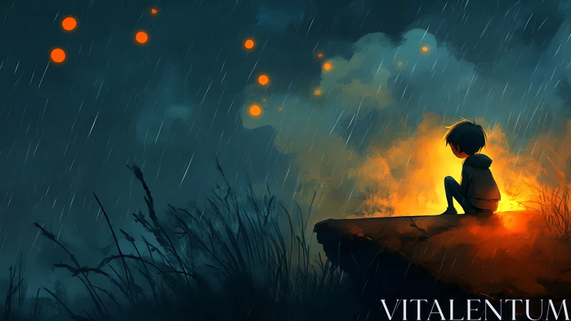 Rain-soaked cliffside boy warms his thoughts by shy fireflies