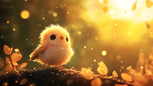 Fluffy Cartoon Chick in Glowing Sunrise Fantasy Art Style.