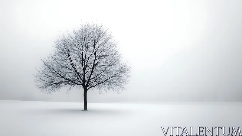 Solitary winter tree stands in a vast silent white field.
