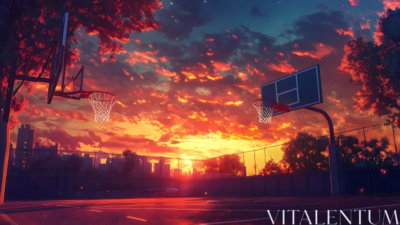 Sunset-lit urban basketball court with saturated atmospheric perspective