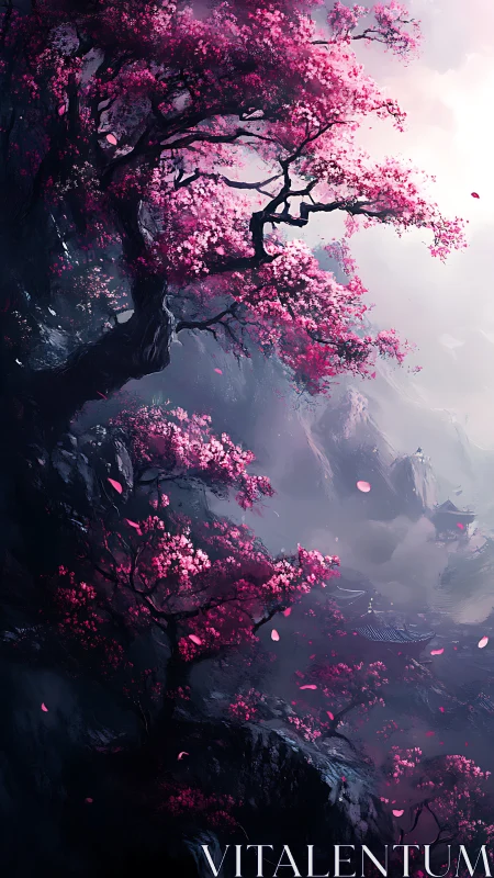 Vertiginous cherry blossom cliff rendered in atmospheric digital art