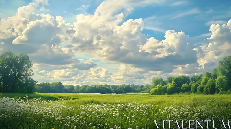 Sunlit summer meadow under billowing cumulus skies.
