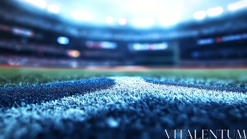 Close-up turf view of illuminated professional stadium field.